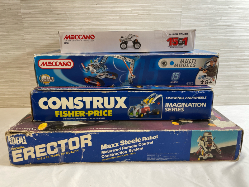 4 Vintage to Newer Construction Toy Sets | Erector, Construx & Meccano brands | Largest Box Measures 18&rdquo; long