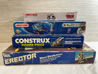 4 Vintage to Newer Construction Toy Sets | Erector, Construx & Meccano brands | Largest Box Measures 18&rdquo; long