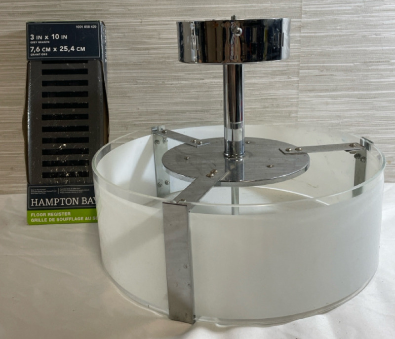 New 3&rdquo;x10&rdquo; Hampton Bay Floor Register | 14&rdquo; diameter LED Drum Shade Ceiling Light Fixture - Glass and Chrome-style finish 11&rdquo; drop