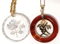 Vintage Intaglio Reversed Carved Iridescent Rose Glass Pendant on 24" Long Chain Stamped Germany & Carnelian Circle Pendant with Chinese Symbol on 18" Long Gold Filled Chain