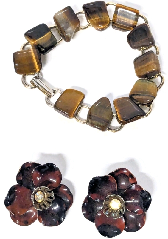Vintage Tiger's Eye Chunk Link Bracelet 7" Long & Pair Neat Shell-Like Flower Clip-On Earrings with AB Rhinestone Centers