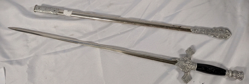 Vintage Replica Ceremonial "Knights of Columbus" Sword With Scabbard. Made by Lynch & Kelly. 26" Blade, 32.5" Full Length. Unknown if Full or Partial Tang.