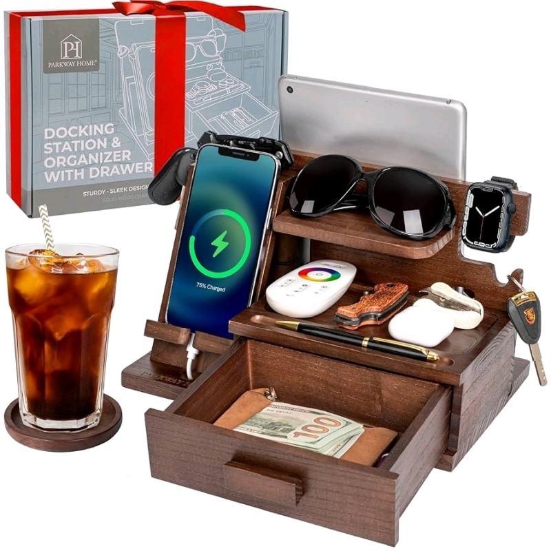New in Box | Parkway Home 100% Sustainable Ash Wood Docking Station Organizer with Drawer & Coaster (Apple Watch Compatible) - 11.75" 7.8" x 7.2"