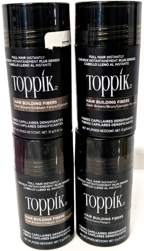 [See Desc] 4&times; TOPPIK Hair Building Fibres : 2&times; Med Brown, 1&times; Dark Brown, 1&times; Black : Full Hair Instantly!