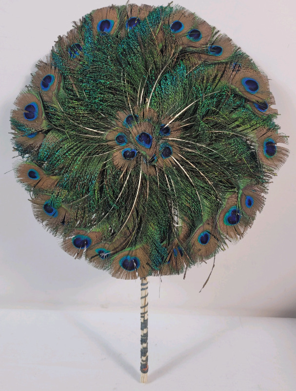 Vintage Hand-Made Hand-Held Peacock Feather Fan . Measures 12" diameter