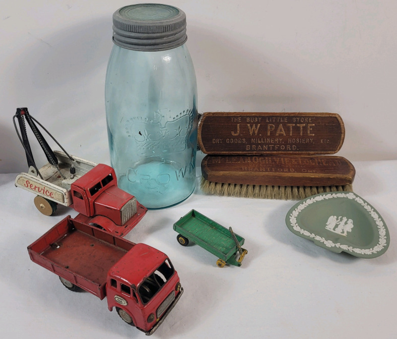 Vintage Collector Lot . Tinted Crown Mason Jar , Wedgewood Dish , Shoeshine Brushes , and Three (3) Diecast Cars (with repairs) .