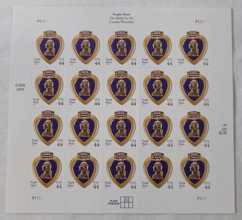 2009 USA 44 Cent Purple Heart Stamp Sheet . Scott # 4390