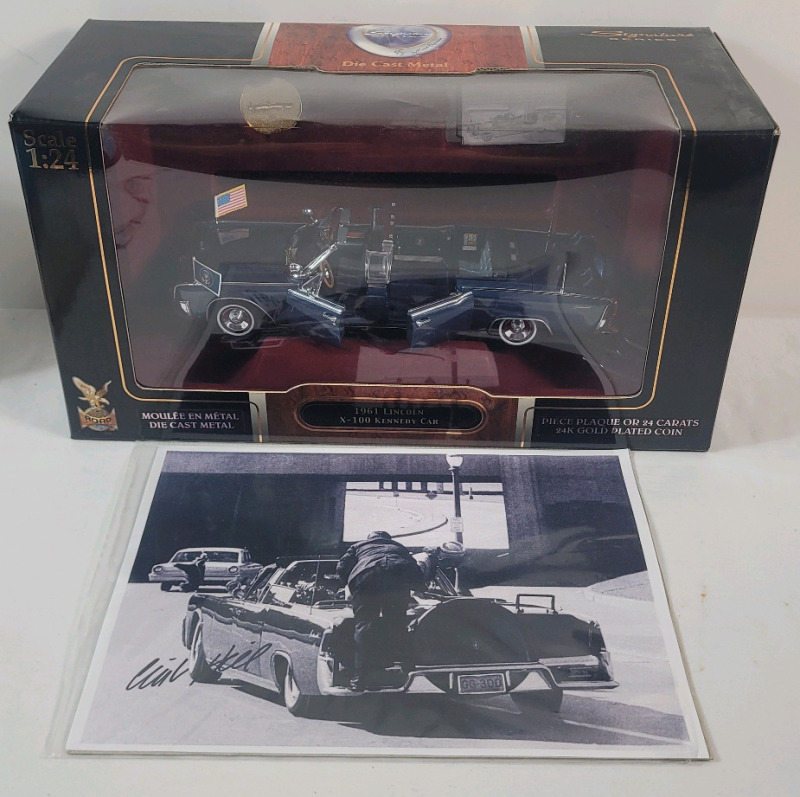 Presidential Series 1961 Lincoln X-100 Kennedy Car Diecast Car in Original Box , 1:24 Scale & Sign Kennedy Assassination Photo Print Signed by Secret Service Agent Clint Hill - No COA .