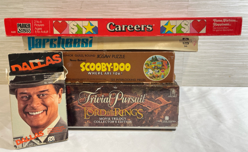 Vintage Game Lot of 6 Games - Truvial Pursuit LOTR, Scooby-Doo Jigsaw, Parcheesi, Checkers, Careers & Dallas Card Game (Unopened)