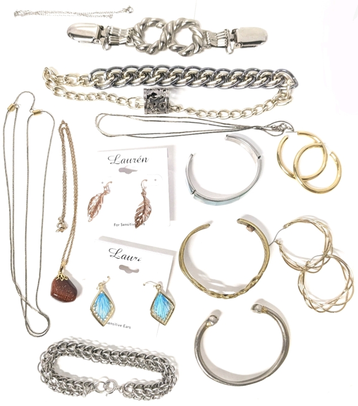 Assorted Vintage to Modern Jewelry: 3 Chains, 2 Necklaces, Chain Mail Bracelet, 2 New Lauren Earrings for Sensitive Ears, Sweater Clip, Bracelets & Hoop Earrings