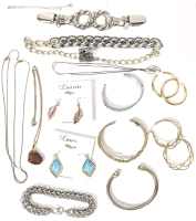 Assorted Vintage to Modern Jewelry: 3 Chains, 2 Necklaces, Chain Mail Bracelet, 2 New Lauren Earrings for Sensitive Ears, Sweater Clip, Bracelets & Hoop Earrings