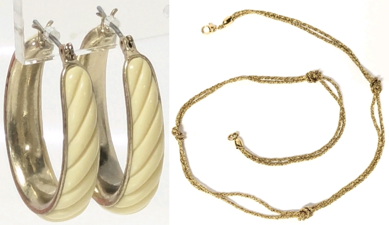 Signed Vintage MONET: Monet Long Layering Chain Vintage Necklace 17.5" Long + Pair of Enamel Hoop Earrings (All Non-Magnetic)