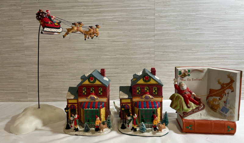 4 Item Holiday Bundle | Vintage Victorian Santa Collection Musical Ornament plays Jingle Bells | Lemax Flying Santa - battery operation only | Tested - Flys, no music, no adapter | 2 Holiday Collection ceramic houses - one lights up, one does not | Talles