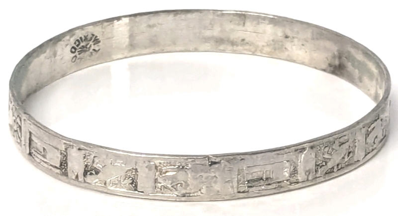 Taxco Sterling Silver Bangle Bracelet with Aztec Symbols - 2.5" Diameter