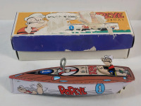 Vintage 1996 Popeye Tin Wind-Up Speed Boat . Measures 7" Long . Key is over-wound