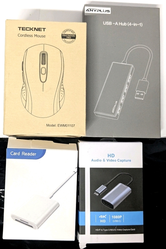 As-New in Box | Tecknet Corded Mouse, AnyOlus USB-A Hub (4-in-1), Mac/PC Card Reader, HD Audio & Video Capture Card (HD/F to Type C/M(U3))