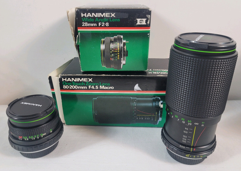 Hanimex 80-200mm One-Touch Zoom Lens & Hanimex 28mm Wide Angle Lens . No viable scratches on lenes