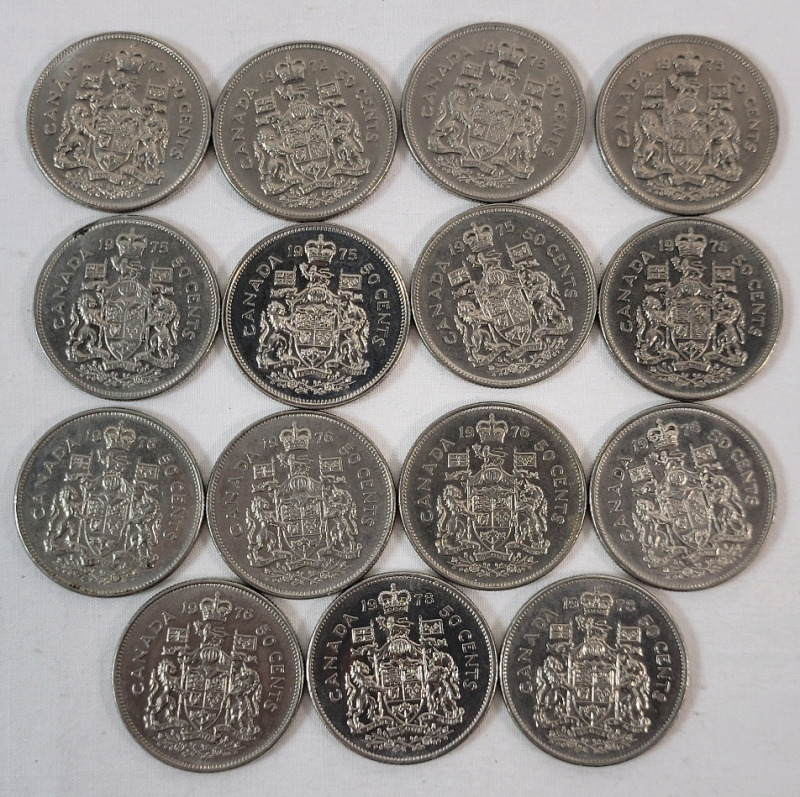 1970 - 1978 Canadian 50-Cent Half Dollar Coins . 1970 &times;2 , 1975 &times;5 , 1976 &times;6 & 1978 &times;2 . Fifteen (15) Coins