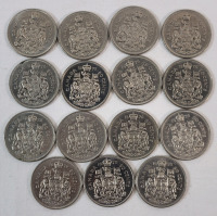 1970 - 1978 Canadian 50-Cent Half Dollar Coins . 1970 &times;2 , 1975 &times;5 , 1976 &times;6 & 1978 &times;2 . Fifteen (15) Coins