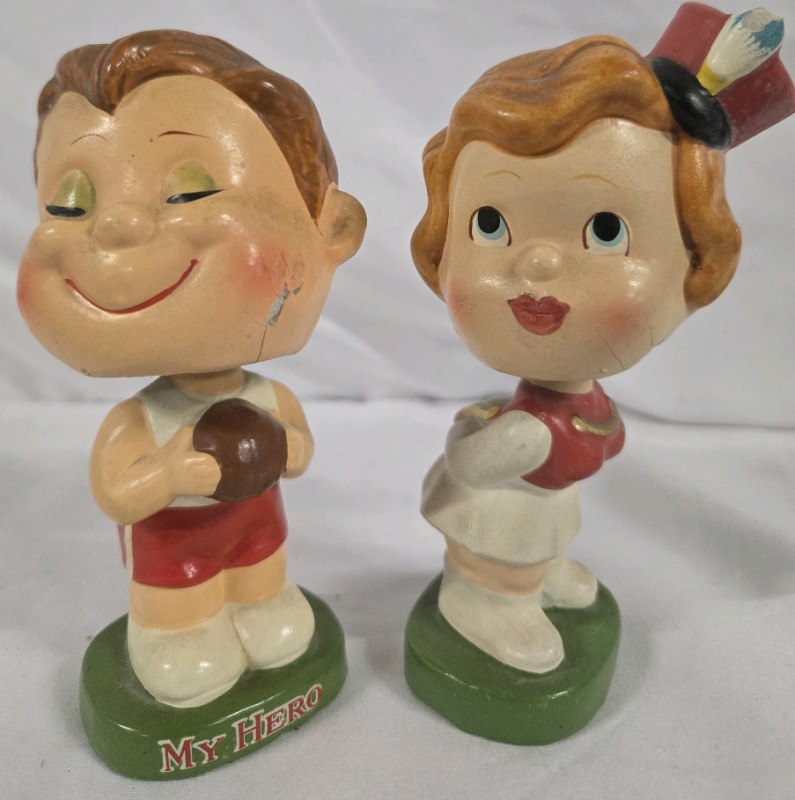 2 Vintage Bobble Heads | " My Hero" & Lady W/ Cool Hat | 5.5" Tall