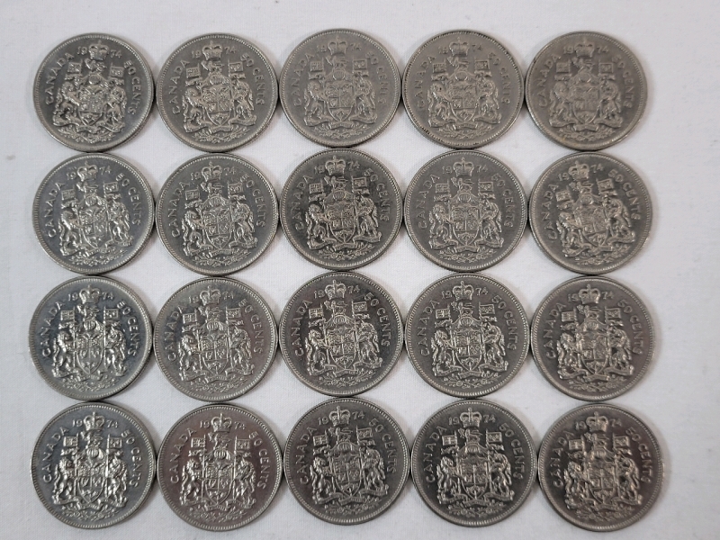 1974 Canadian 50-Cent Half Dollar Coins . Twenty (20) Coins .