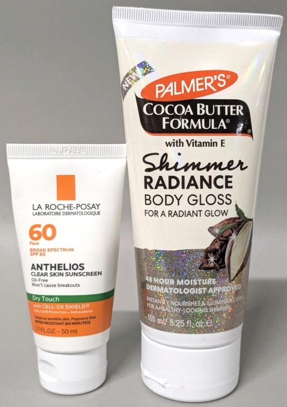[See Desc] LA ROCHE-POSAY Anthelios Broad Spectrum 60SPF Face Clear Skin Sunscreen & PALMER'S Cocoa Butter Shimmer Radiance Body Gloss 48hr Moisturizer Cream