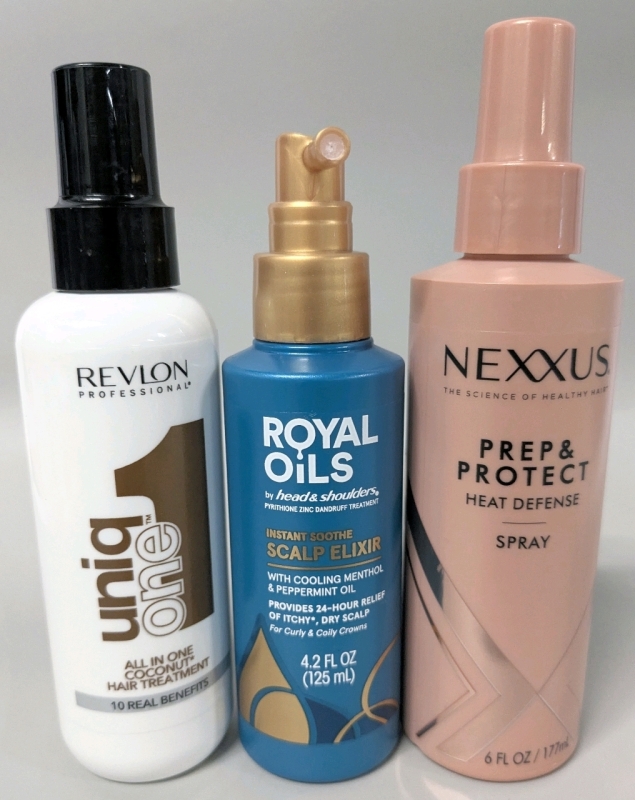 [See Desc] REVLON UniqOne All in One Coconut Hair Treatment, Royal Oils Instant Soothe Scalp Elixir & Nexxus Prep & Protect Heat Defense Spray