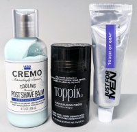 [See Desc] JUST FOR MEN Touch of Gray, TOPPIK Hair Building Fibres for Full Hair Instantly (Black) & CREMO Cooling Shave Balm