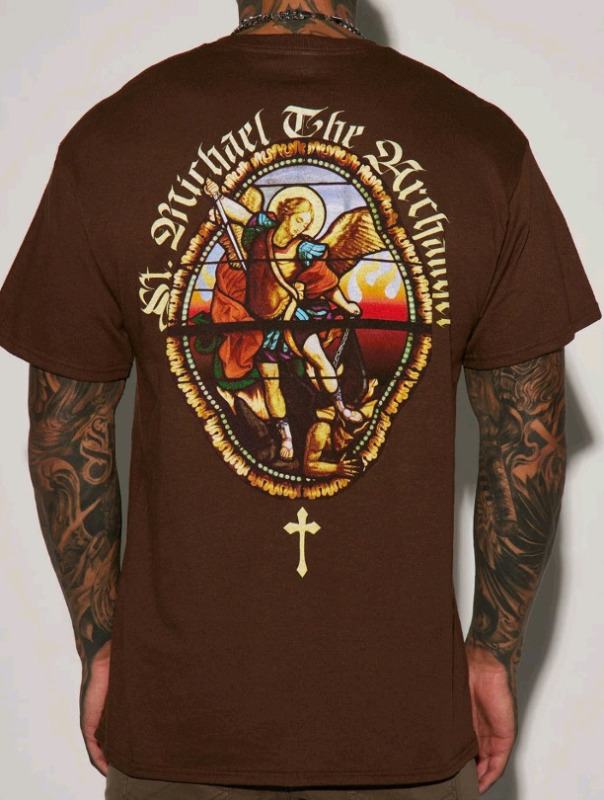 New | Size XL Men's The Archangel Stained Glass Short Sleeve Tee - Chocolate