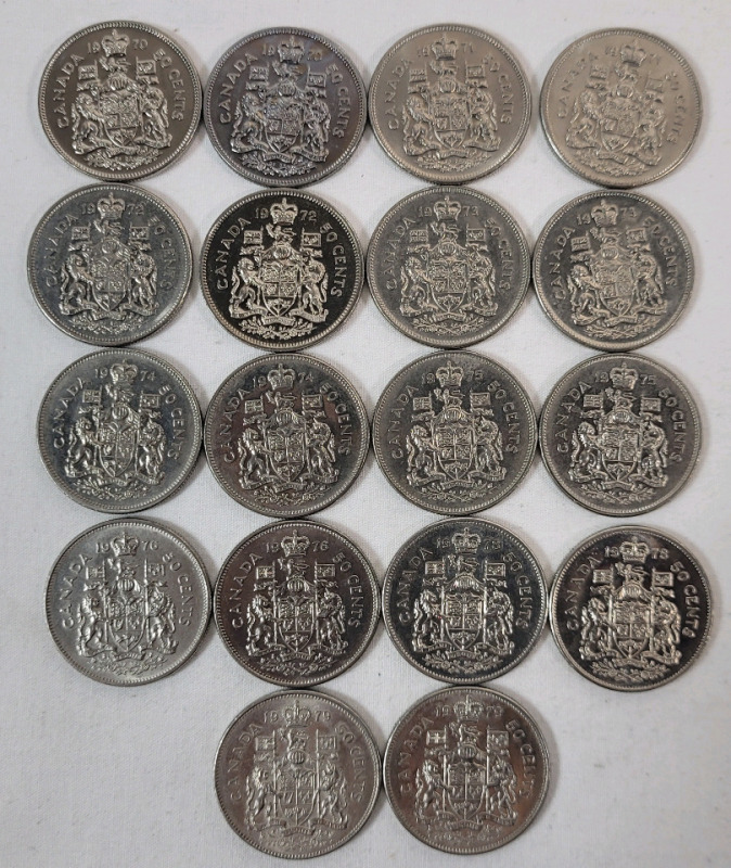 1970 - 1979 Canadian 50-Cent Half Dollar Coins . 1970 &times;2 , 1971 &times;2 , 1972 &times;2 , 1973 &times;2 , 1974 &times;2 , 1975 &times;2 , 1976 &times;2 , 1978 &times;2 & 1979 &times;2 . Eighteen (18) Coins