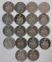 1970 - 1979 Canadian 50-Cent Half Dollar Coins . 1970 &times;2 , 1971 &times;2 , 1972 &times;2 , 1973 &times;2 , 1974 &times;2 , 1975 &times;2 , 1976 &times;2 , 1978 &times;2 & 1979 &times;2 . Eighteen (18) Coins