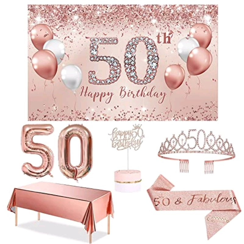 New Happy 50th Birthday Party Supplies (Rose Gold) : 2 Foil Balloons, 2 Candles, Sash, Tiara, Cake Topper, Tablecloth, Photo Backdrop, Balloons & Pin