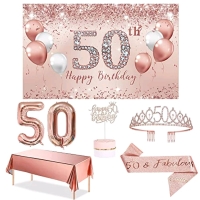 New Happy 50th Birthday Party Supplies (Rose Gold) : 2 Foil Balloons, 2 Candles, Sash, Tiara, Cake Topper, Tablecloth, Photo Backdrop, Balloons & Pin