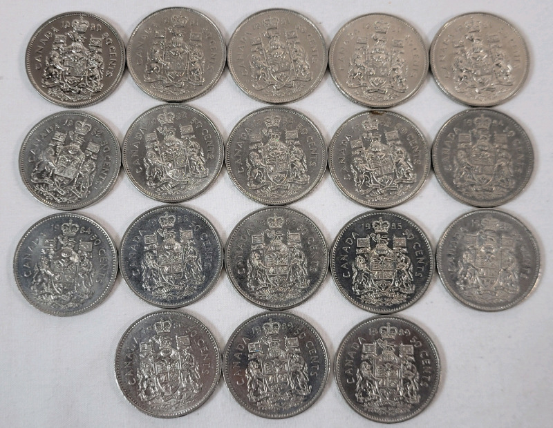 1980 - 1989 Canadian 50-Cent Half Dollar Coins . 1980 , 1981 &times;4 , 1982 &times;4 , 1984 &times;2 , 1985 &times;3 , 1986 &times;2 & 1989 &times;2 . Eighteen (18) Coins