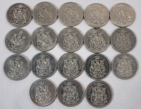 1980 - 1989 Canadian 50-Cent Half Dollar Coins . 1980 , 1981 &times;4 , 1982 &times;4 , 1984 &times;2 , 1985 &times;3 , 1986 &times;2 & 1989 &times;2 . Eighteen (18) Coins
