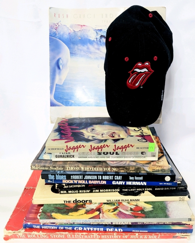 12 Vintage Paperback & Hardcover Music Books + Rolling Stones Snapback Hat (See Photos for Contents)