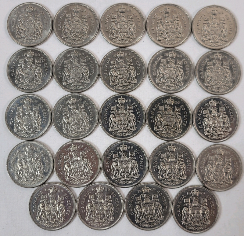 1969 Canadian 50-Cent Half Dollar Coins . Twenty Four (24) Coins