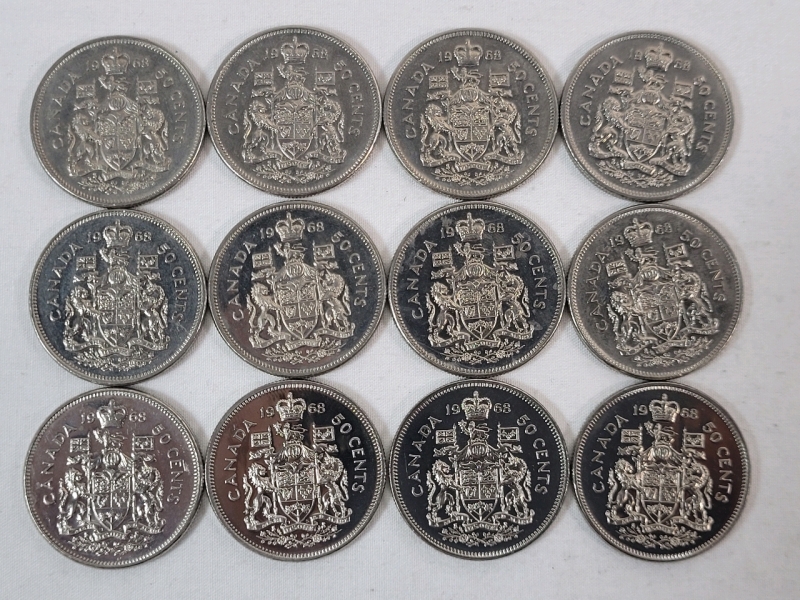 1968 Canadian 50-Cent Half Dollar Coins . Twelve (12) Coins