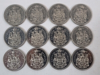 1968 Canadian 50-Cent Half Dollar Coins . Twelve (12) Coins