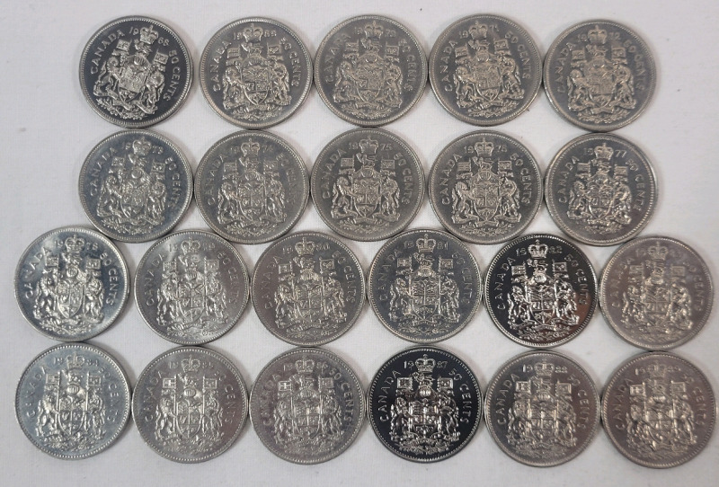 1968 - 1989 Canadian 50-Cent Half Dollar Coins , Consecutive Years . Twenty Two (22) Coins