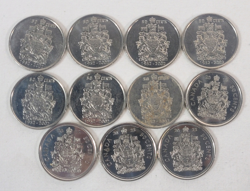 2002 - 2023 Canadian Queen Elizabeth II & King Charles 50-Cent Half Dollar Coins . 2002 &times;7 , 2010 , 2012 & 2023 &times;2 . Eleven (11) Coins .