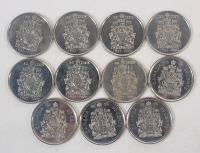 2002 - 2023 Canadian Queen Elizabeth II & King Charles 50-Cent Half Dollar Coins . 2002 &times;7 , 2010 , 2012 & 2023 &times;2 . Eleven (11) Coins .