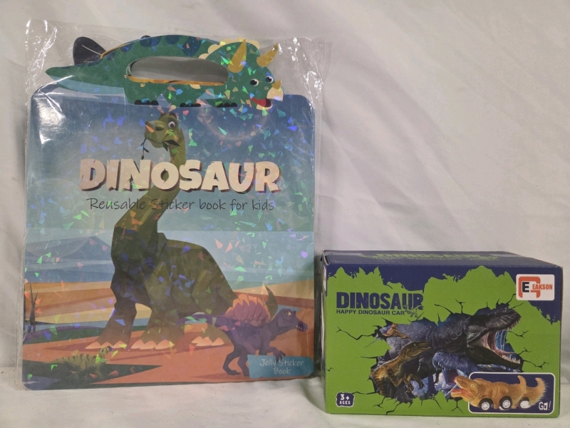 2 New | Dinosaur Themed Kids Toys | Includes Reusable Sticker Book & (12 pc) Happy Dinosaur Car | Tallest Measures 12"