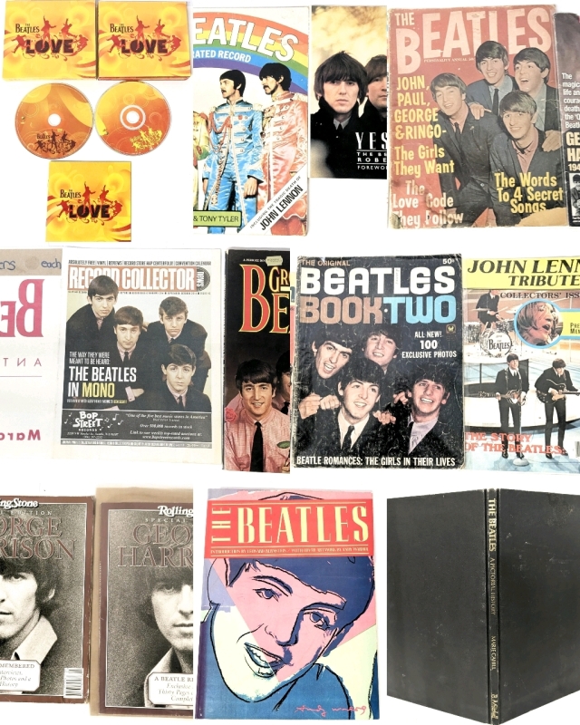 Vintage BEATLES Magazines, Paperback & Hardcover Books + Promo Sticker + The Beatles: Love CD & DVD Audio Box Set (See Photos for Contents)