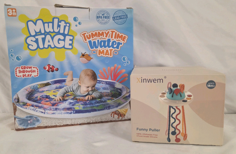 New | Infant Toys Lot | Includes Multi-Stage Tummy Time Water Mat & Xinwem Funny Puller | Tallest Measures 8"