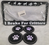New | "I Brake for Critters" License Plate Cover w/ 4 Cup Holder Liners | Largest Item Measures 12" x 6"