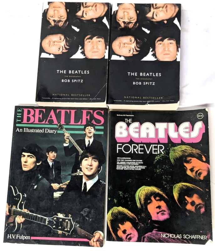4 Vintage BEATLES Softcover Books: 2&times; The Beatles : The Biography by Bob Spitz, The Beatles : An Illustrated Diary by H.V. Fulpen, The Beatles Forever by Nicholas Schaffner