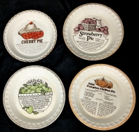 4 Vintage Ceramic Pie Plates with Recipes: Cherry, Strawberry, Apple & Watkins Pumpkin Chiffon - Up to 10.75" Diameter