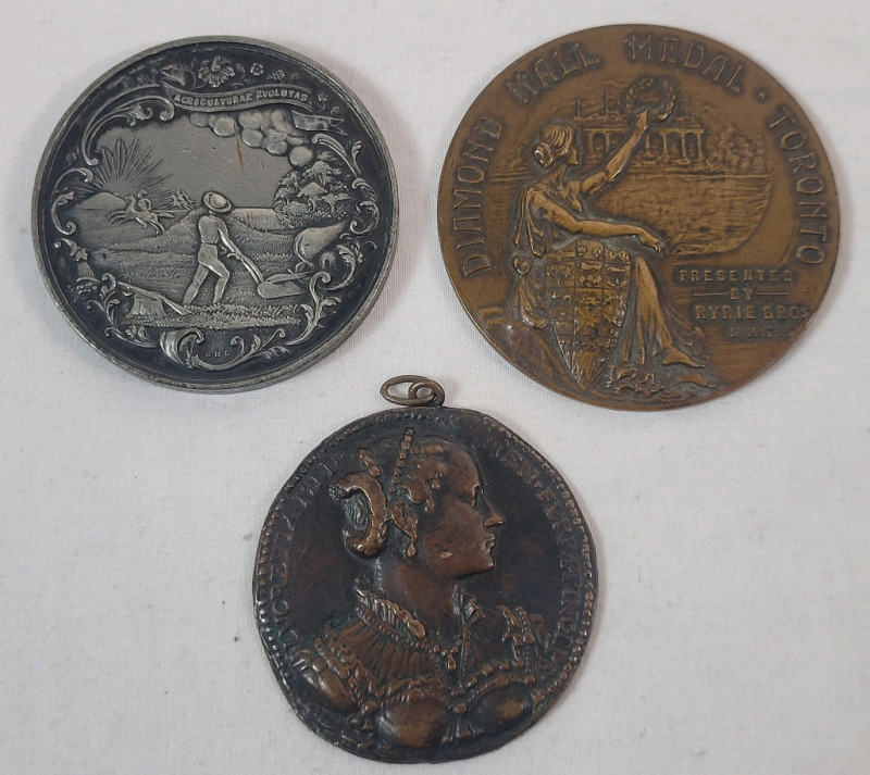 Three (3) Vintage Medallions . Union Agricultural Society , Diamond Hall Medal - Toronto & Saint Aloysius Gonzaga Medallion
