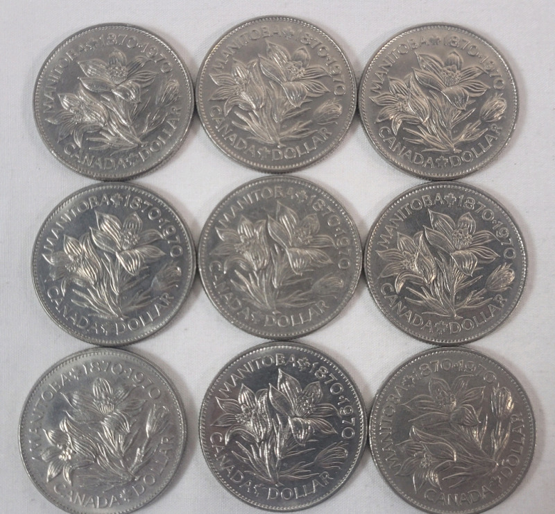 1970 (1870-) Canadian Manitoba One Dollar Coins , Nine (9) Coins